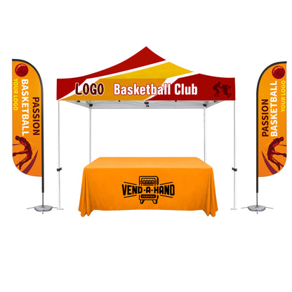 "THE TOTAL PACKAGE" 10'X10' Deluxe Canopy, Two 11' Feather Flag & 6' Custom Table Throw