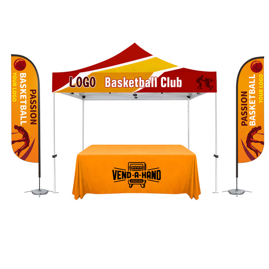 "THE TOTAL PACKAGE" 10'X10' Deluxe Canopy, Two 11' Feather Flag & 6' Custom Table Throw