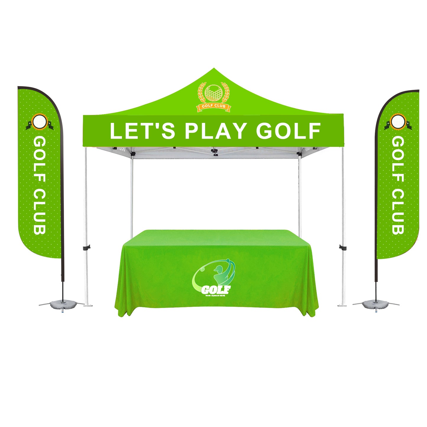 "THE TOTAL PACKAGE" 10'X10' Deluxe Canopy, Two 11' Feather Flag & 6' Custom Table Throw