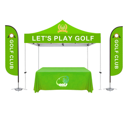 "THE TOTAL PACKAGE" 10'X10' Deluxe Canopy, Two 11' Feather Flag & 6' Custom Table Throw